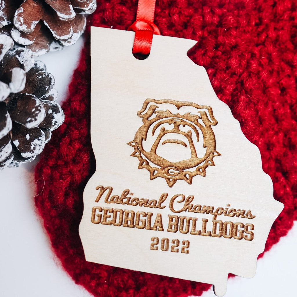 Georgia B U L L D O G S 2022 CFB National Champions STATE SHAPE | Christmas Ornament | Valentines Day - Etch Society Etch Society Holiday Ornaments