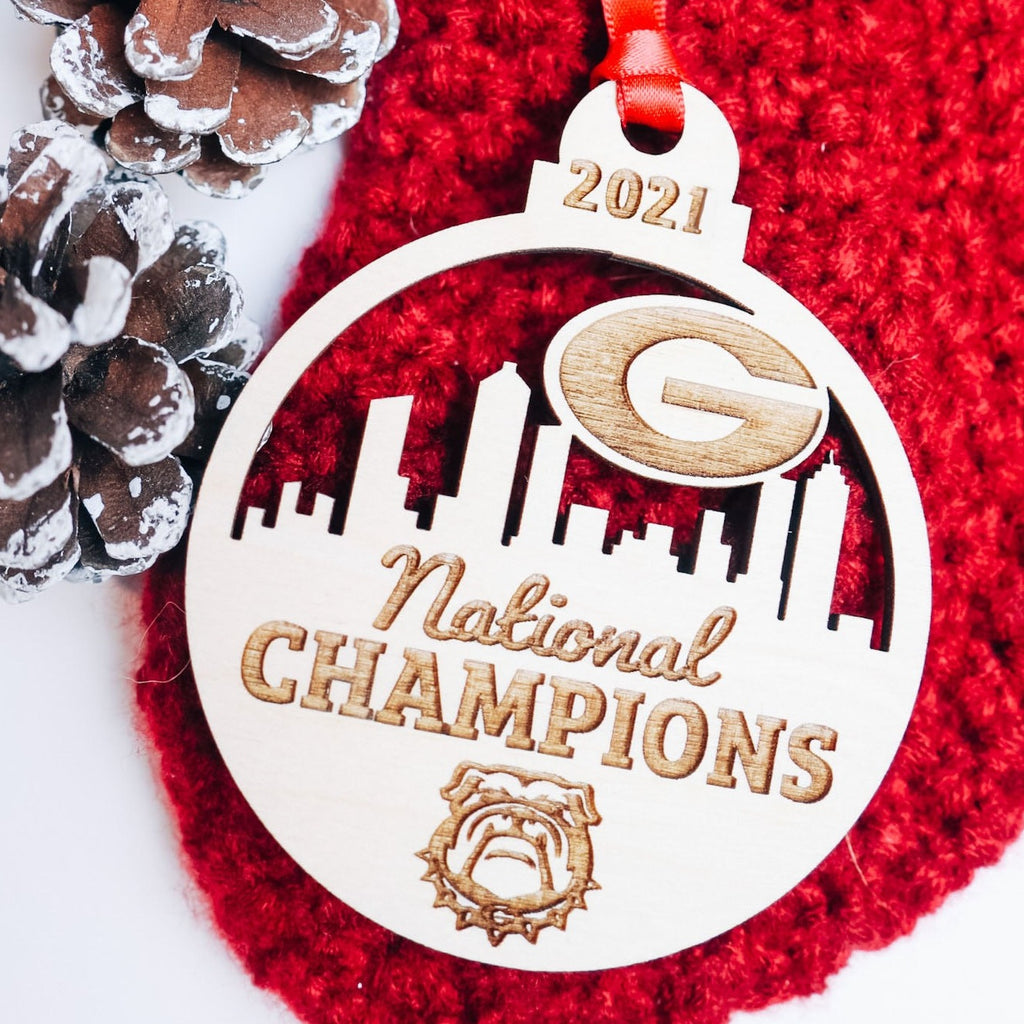 Georgia B U L L D O G S 2022 CFB National Champions SKYLINE | Christmas Ornament | Valentines Day - Etch Society Etch Society Holiday Ornaments